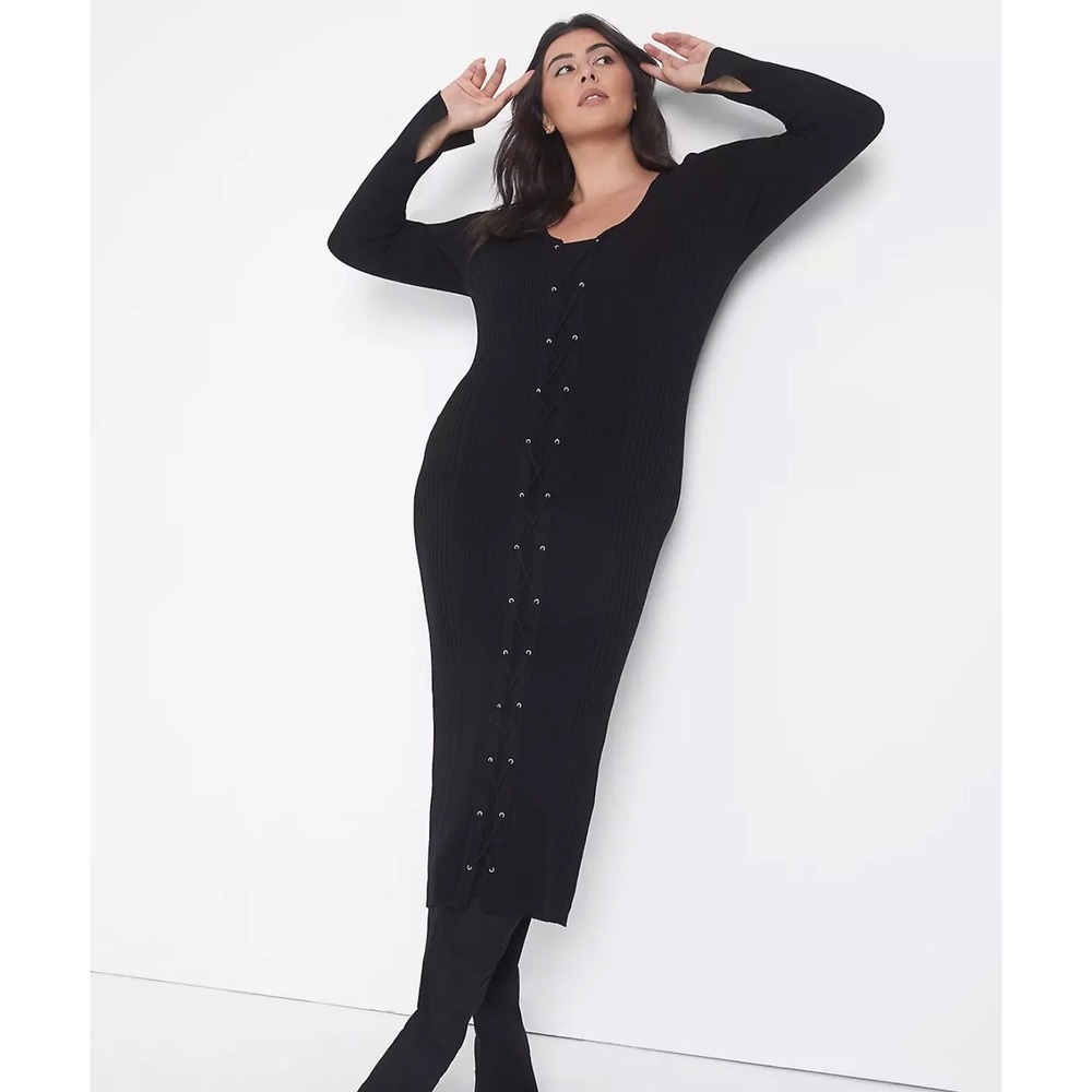 Lane Bryant Black Ribbed Knit Lace Up Front Maxi Dress Womens 14/16 Long Sleeve‎